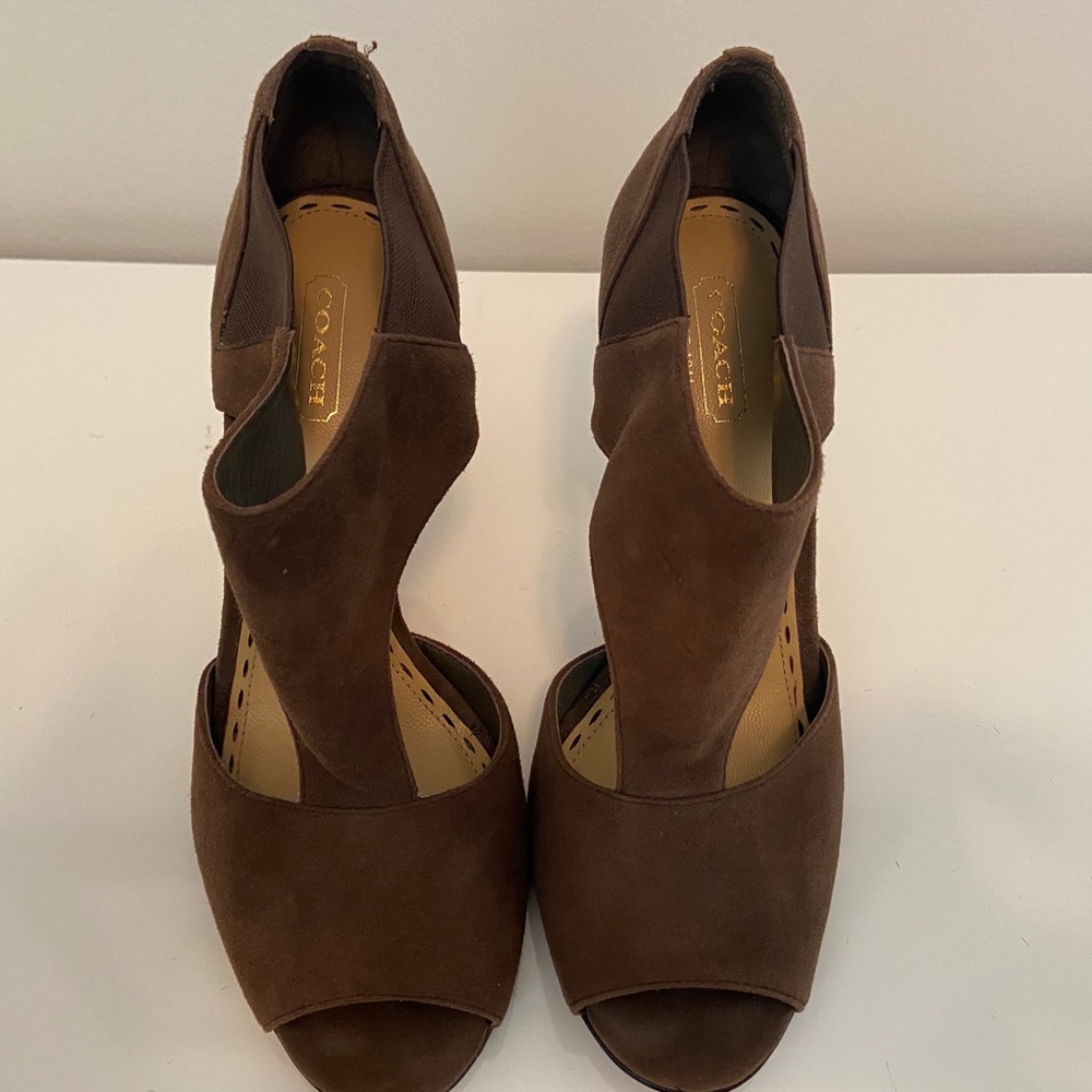 Coach brown suede peep toe heels
